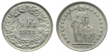 1/2 Franken 1921 B - fast stempelglanz